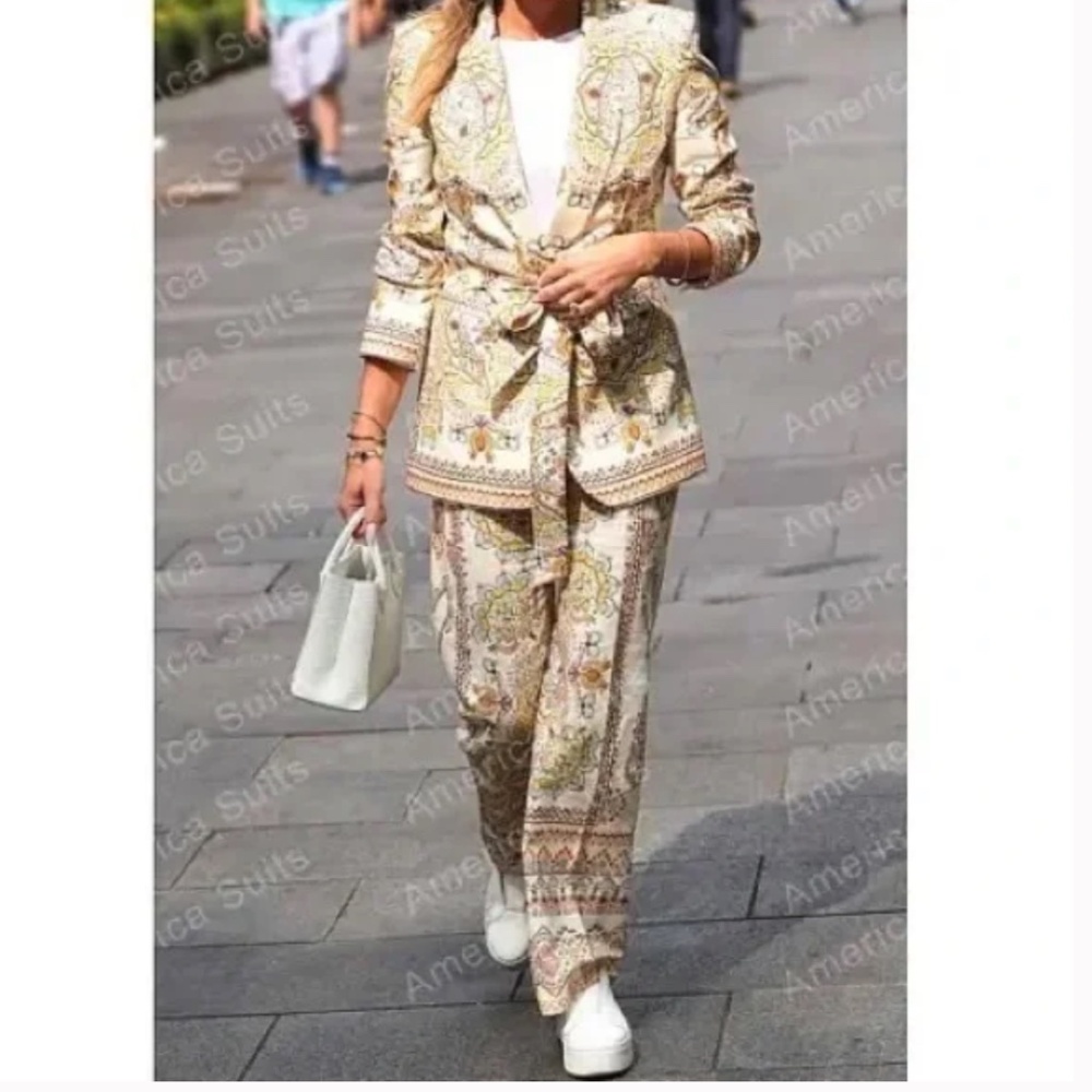 NEW! ZARA WOMAN PRINTED LINEN BLEND BLAZER + PANTS SET Size XS NWT! - Picture 3 of 15